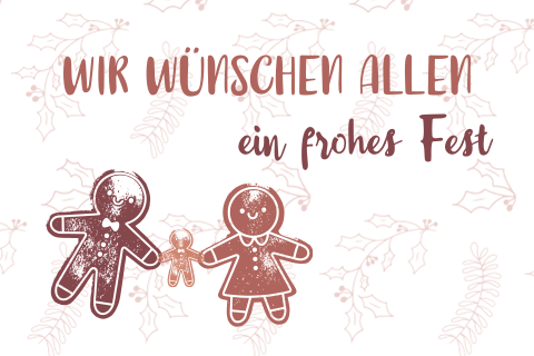 Weihnachtskarte mit zarten Zweigen und Lebkuchenfiguren