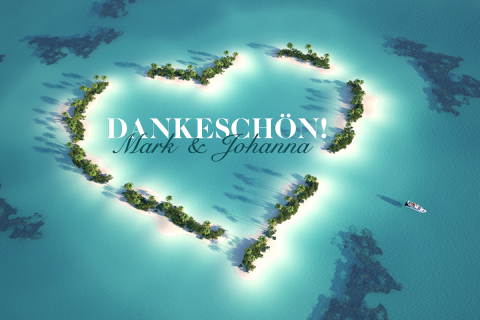 Danksagung mit Motiv: Herzinsel im türkisfarbenen Meer