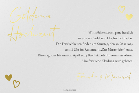Einladung zur Goldhochzeit aus Transparentpapier mit Gold-Herzen