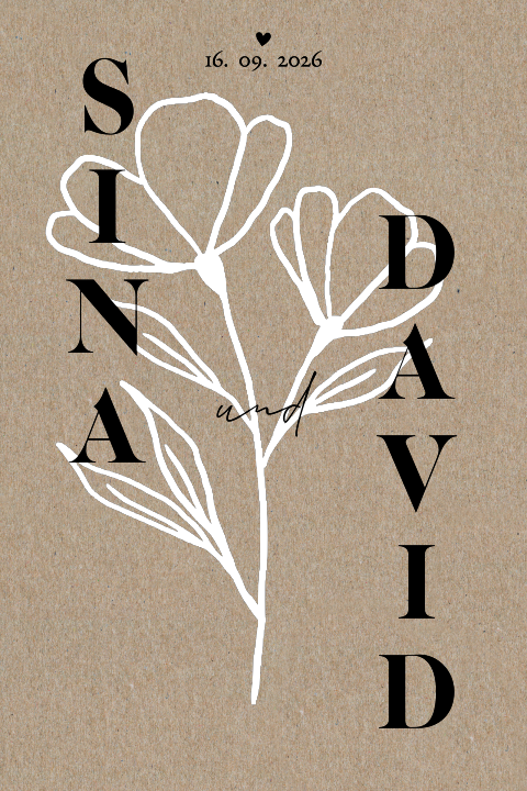 Hochzeitskarte im Skandi Stil mit weißer Line Art Blume