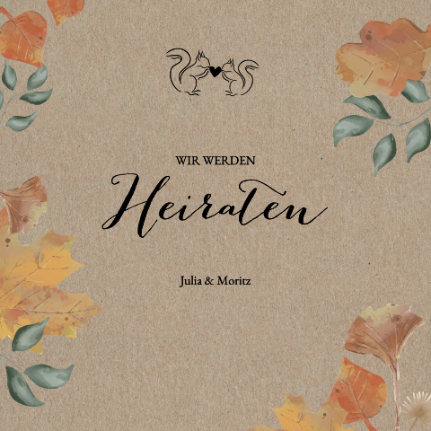 Quadratische Hochzeitskarte aus Kraftpapier mit Herbstblättern