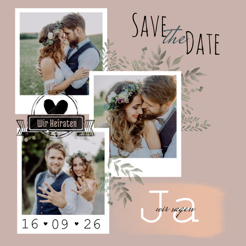 Vintage Save the Date Karte mit Sofortbildern und Zweigen in Rosa