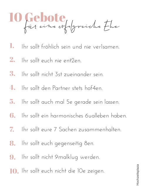 Schlichtes, weißes Poster als Hochzeitsgeschenk mit Geboten in rosa