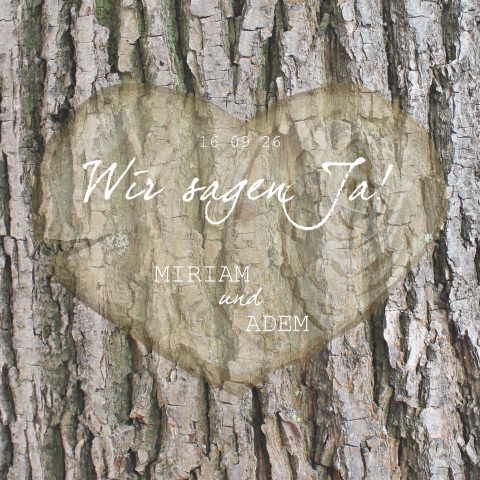 Schlichte Hochzeitseinladung mit Herz auf Birkenrinde in hell