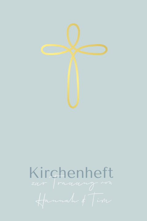 Veredeltes Kirchenheft zur Hochzeit in blau mit modernem Kreuz