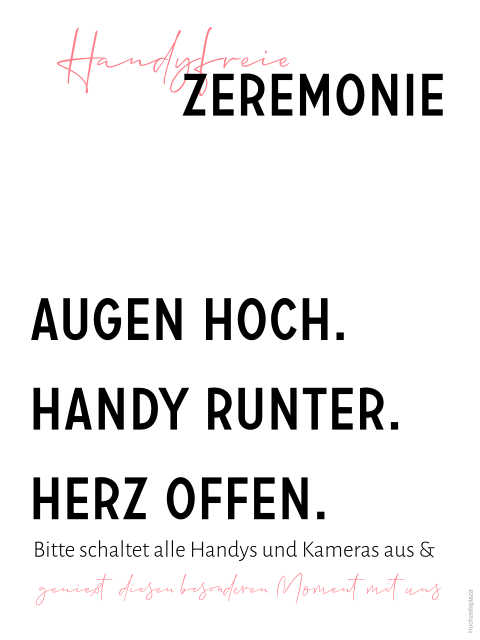 Weißes Hinweisschild "Handyfreie Zeremonie" für die Hochzeit