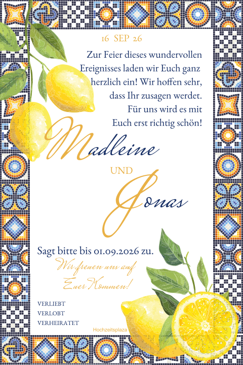 Moderne Hochzeitskarte mit buntem Mosaikmuster und Zitronen