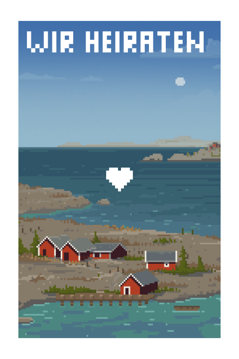 Nerdige Hochzeitskarte im Pixel Look mit Norwegen Motiv