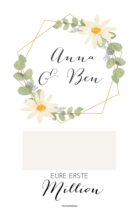 Poster als Geldgeschenk zur Hochzeit mit Blumen, Rahmen und Eukalyptus