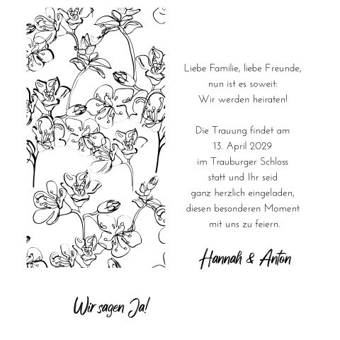 Moderne zweiteilige Hochzeitseinladung mit schwarzem Blumenmuster