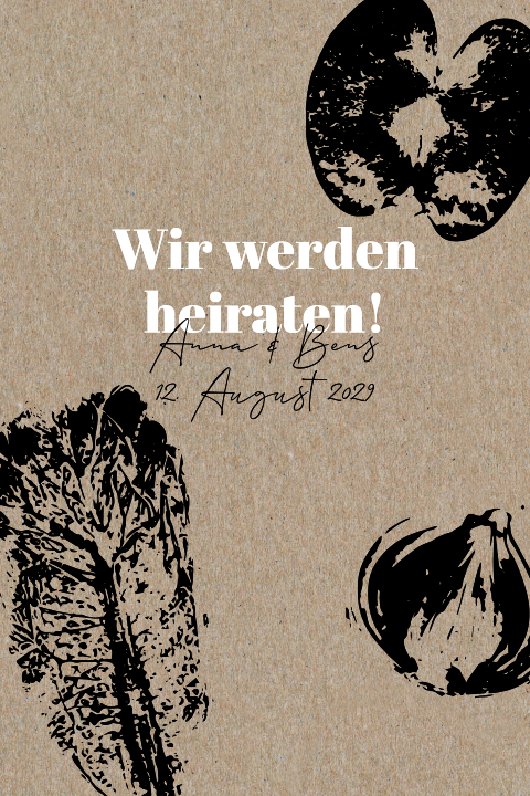 Hochzeitskarte aus Kraftpapier mit Gemüse Stempeldruck in schwarz