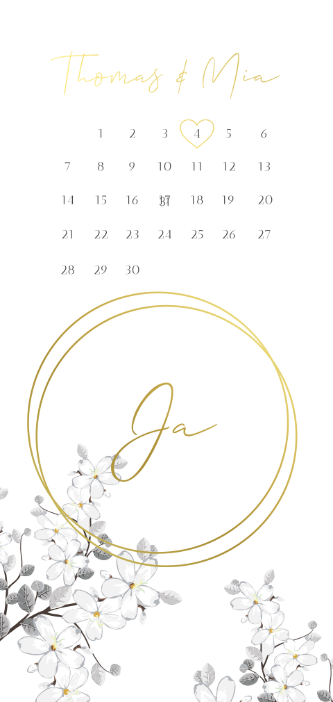 Weiße Hochzeitseinladung mit Kalender, Blüten, Kreisen und Goldfolie