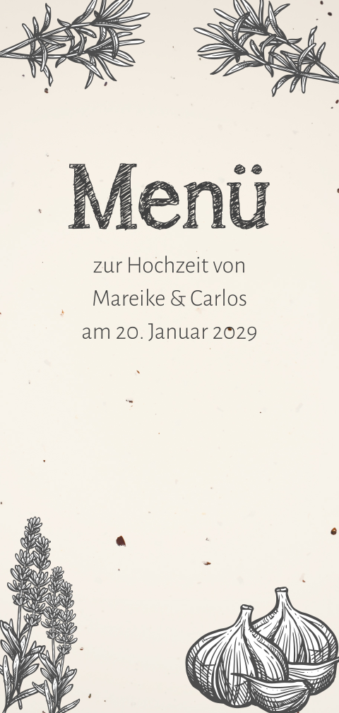 Menükarte zur Hochzeit aus Tulpenrecyclingpapier mit Lebensmitteln