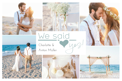 Wir haben geheiratet Karte mit Fotocollage und Banner in blau + weiß