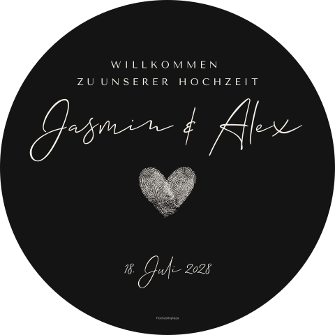 Rundes Willkommensschild zur Hochzeit mit Fingerabdruckherz in Ø 80 cm