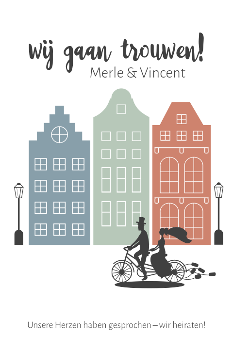 Weiße Hochzeitseinladung Amsterdam mit Fahrrad und Häusern in pastell