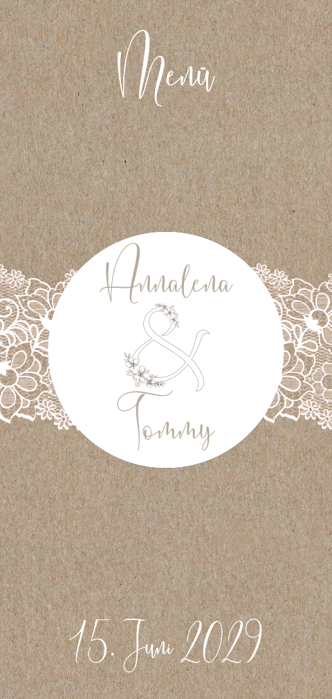 Rustikale Vintage Menükarte zur Hochzeit aus Kraftpapier mit Spitze