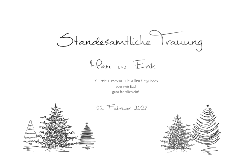 Schlichte weiße Einladung für das Standesamt mit Line Art Tannen