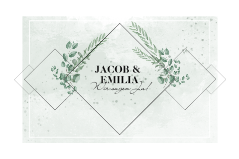 Greenery Hochzeitseinladung mit geometrischen Formen und Eukalyptus