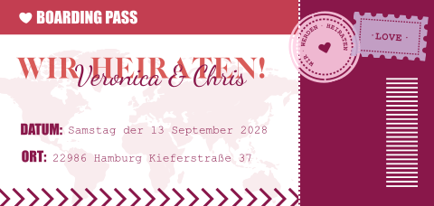 Ausgefallene Hochzeitskarte als Boardingpass mit Luftpost Icons