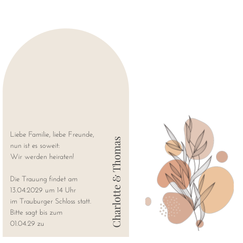 Zweiteilige Hochzeitseinladung im Greenery Boho Stil in beige + orange