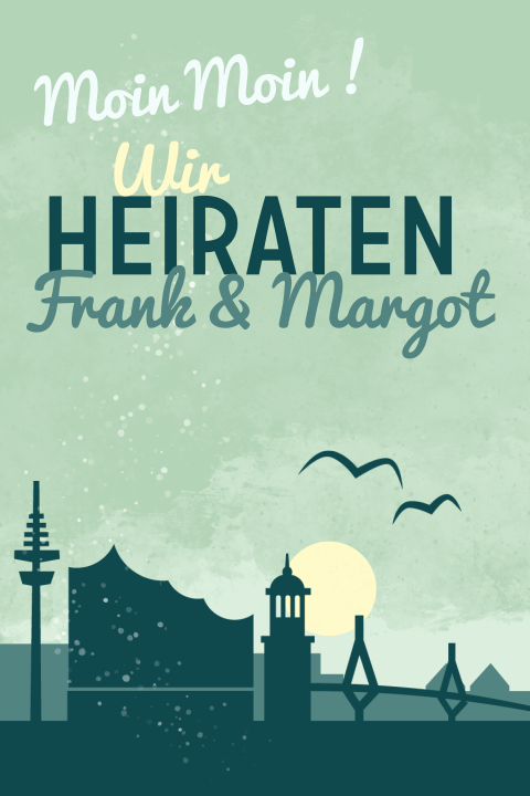 Vintage Hochzeitseinladung Hamburger Skyline in blau grün