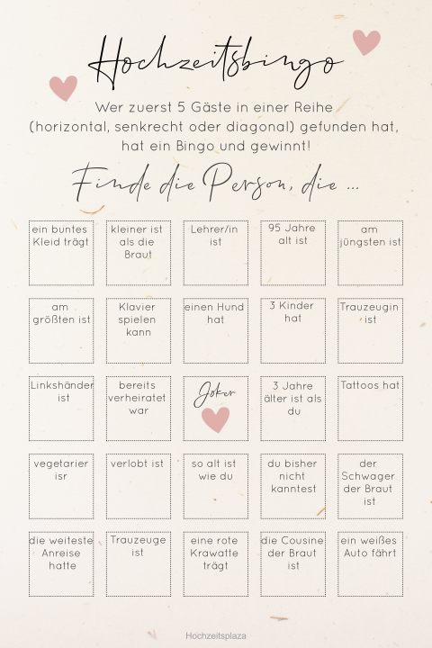 Hochzeitsbingo mit rosa Herzen aus Recyclingpapier für die Gäste