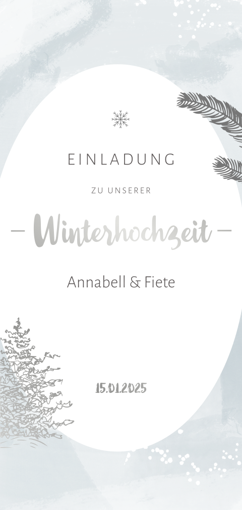 Einladung zur Winterhochzeit im Panoramaformat mit Tannen in grau-blau