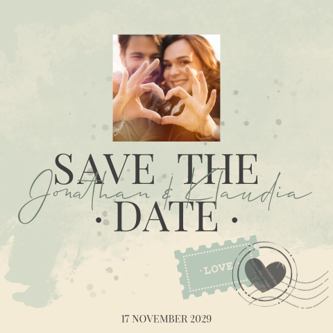 Quadratische Vintage Save the Date Karte in gelb grün mit Foto