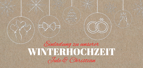 Kraftpapier Einladung Winterhochzeit mit Baumkugeln und Schneeflocken