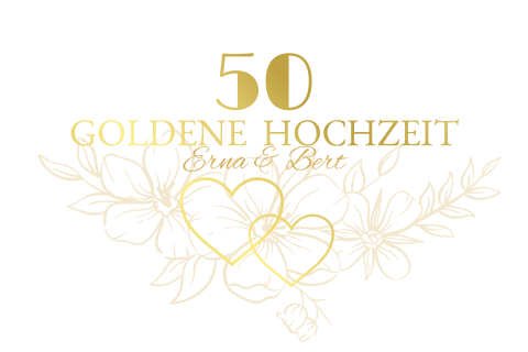 Einladungsklappkarte zum 50. Jubiläum mit Herzen, Blumen und Folierung