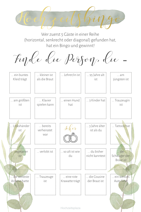 Karten zum Bingo spielen für die Hochzeitsgäste im Greenery Style
