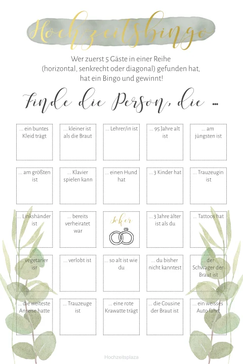 Karten zum Bingo spielen für die Hochzeitsgäste im Greenery Style