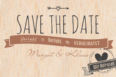 Save the Date Karte aus Holz mit Pfeilen, Banner, Herzen und Stempel