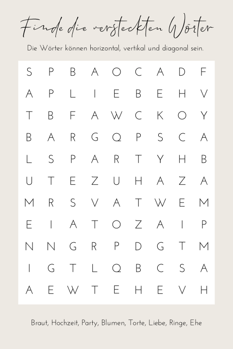 Schlichtes Kreuzworträtsel zur Unterhaltung auf der Hochzeit in beige