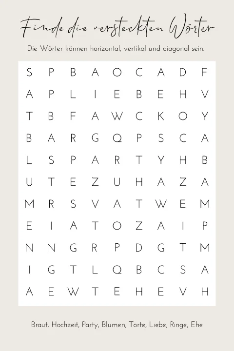 Schlichtes Kreuzworträtsel zur Unterhaltung auf der Hochzeit in beige