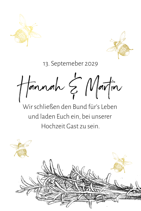 Hochzeitseinladung mit Bienen und Rosmarin in gold und schwarz