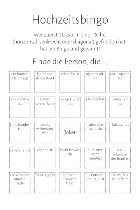 Hochzeitsbingo für die Gäste mit 5x5 Feld zum Selbstgestalten