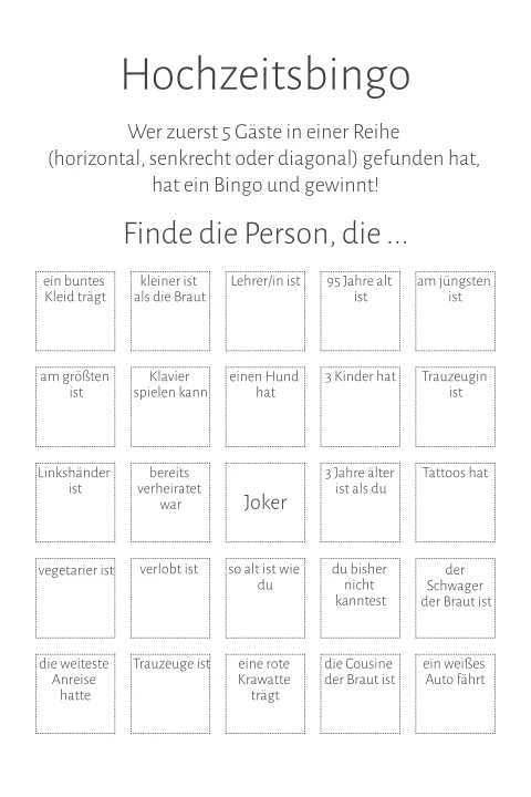 Hochzeitsbingo für die Gäste mit 5x5 Feld zum Selbstgestalten