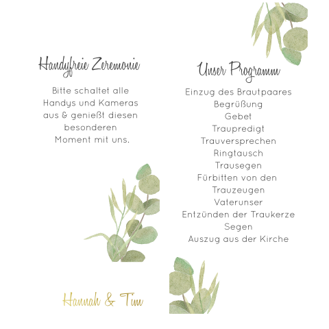 Dreiteiliges Greenery Kirchenheft zur Hochzeit mit Goldfolie