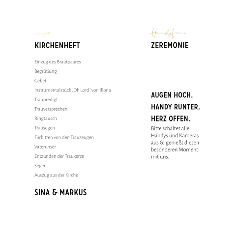 Zweiteiliges modernes Kirchenheft zur Hochzeit in weiß mit Goldfolie