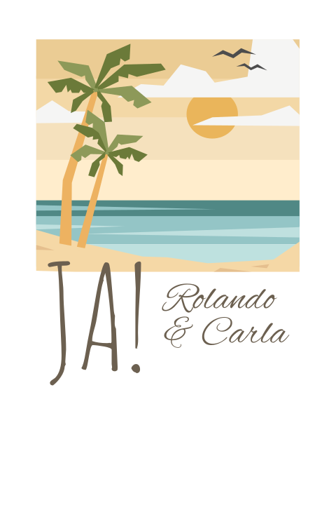 Hochzeitskarte in weiß mit Strandpanorama in gelb und blau