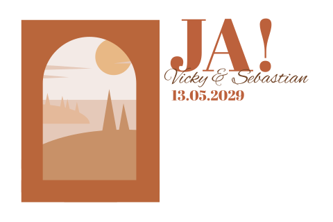 Minimalistische, Boho Hochzeitskarte mit Landschaft in weiß und orange