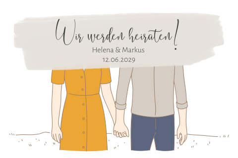 Weiße Hochzeitskarte mit Paar Zeichnung und Pinselstrich in beige