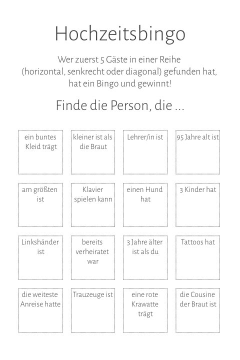 Eigenes Design: Hochzeitsbingo für die Gäste mit 4x4 Feld
