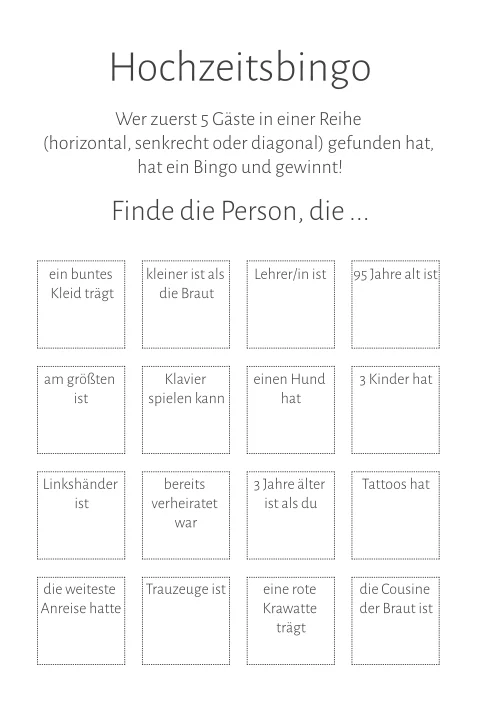 Eigenes Design: Hochzeitsbingo für die Gäste mit 4x4 Feld