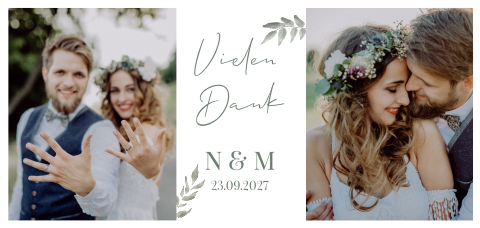 Natürliche Danksagungskarte mit Fotos und grünen Aquarell-Zweigen