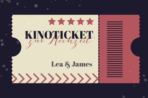 Vintage Hochzeitskarte in Form eines Kinotickets in rot und gelb