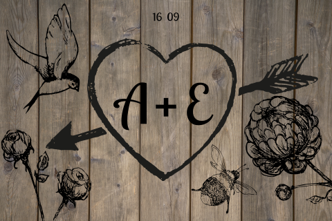 Vintage Holz Hochzeitseinladung mit Herz, Pfeil und Pinselstrichen