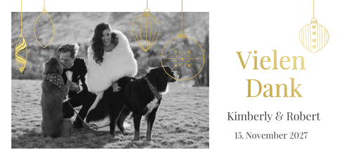 Veredelte Foto-Dankeskarte zur Hochzeit mit Christbaumkugeln in gold